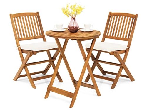 Bistroset met inklapbare tafel en stoelen van acaciahout met kussens