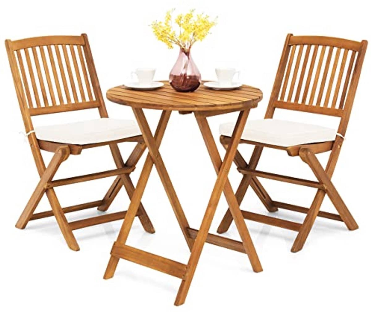 bistroset met inklapbare tafel en stoelen van acaciahout met kussens