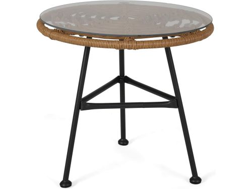 Buiten Bijzettafel Gevlochten Kunststof Rotan met Glazen Tafelblad - Lichtbruin/Beige