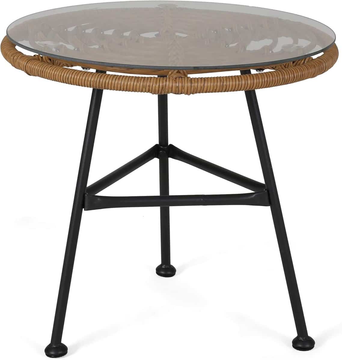 buiten bijzettafel gevlochten kunststof rotan met glazen tafelblad lichtbruin/beige