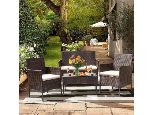 Buitentuinset met Tuintafel, 2 Stoelen en Bank met Kussens