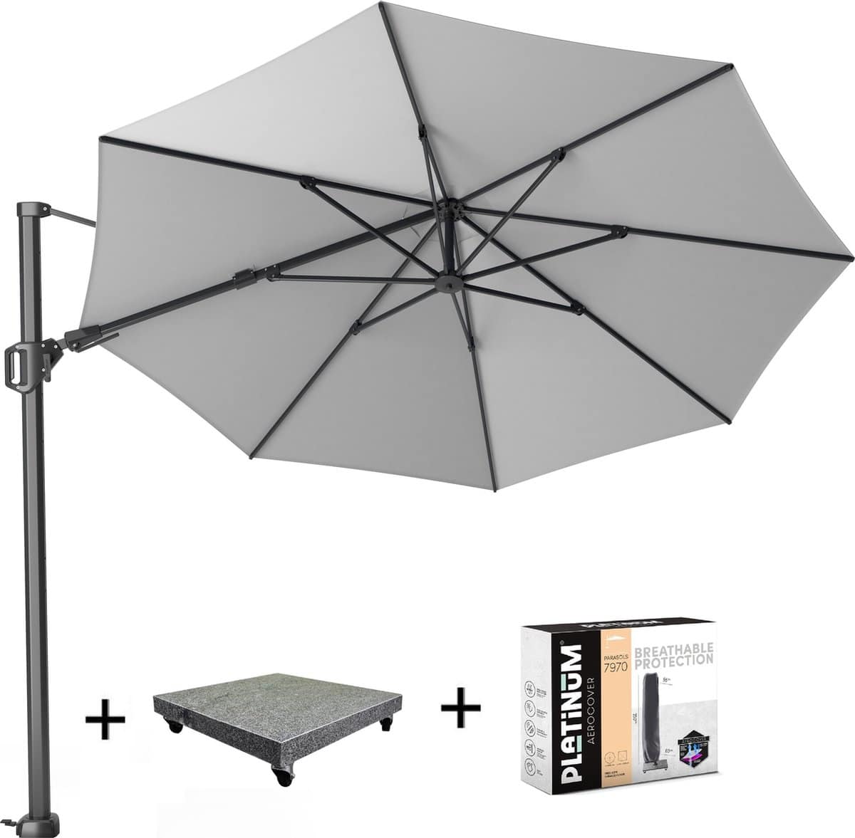 challenger t2 zweefparasol 350 cm rond lichtgrijs met 90kg voet