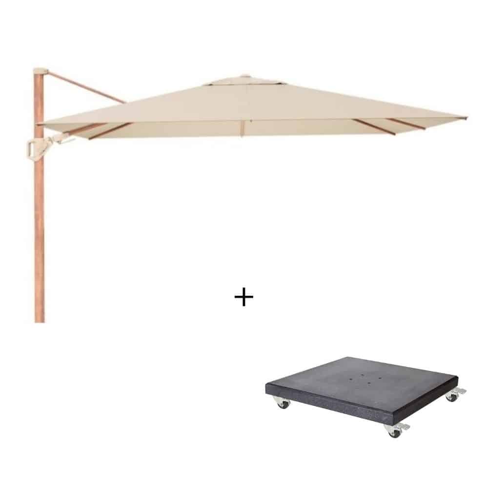 challenger t² zweefparasol premium doek | 260x350cm met modena parasolvoet 90kg | champagne/teak look