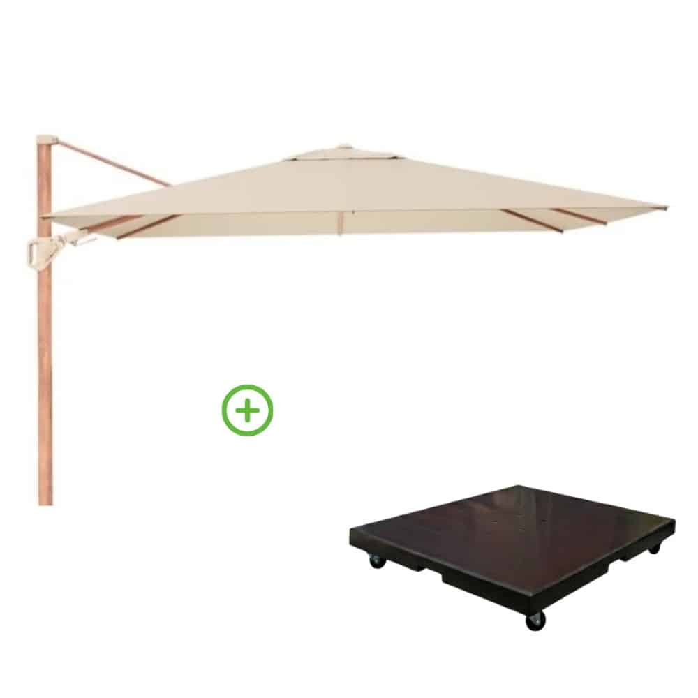 challenger t² zweefparasol premium doek | 260x350cm met monza parasolvoet 90kg | champagne/teak look