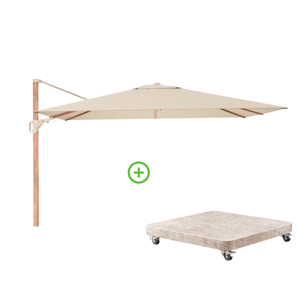 challenger t² zweefparasol premium doek | 260x350cm met venezia rond parasolvoet 90kg | champagne/teak look