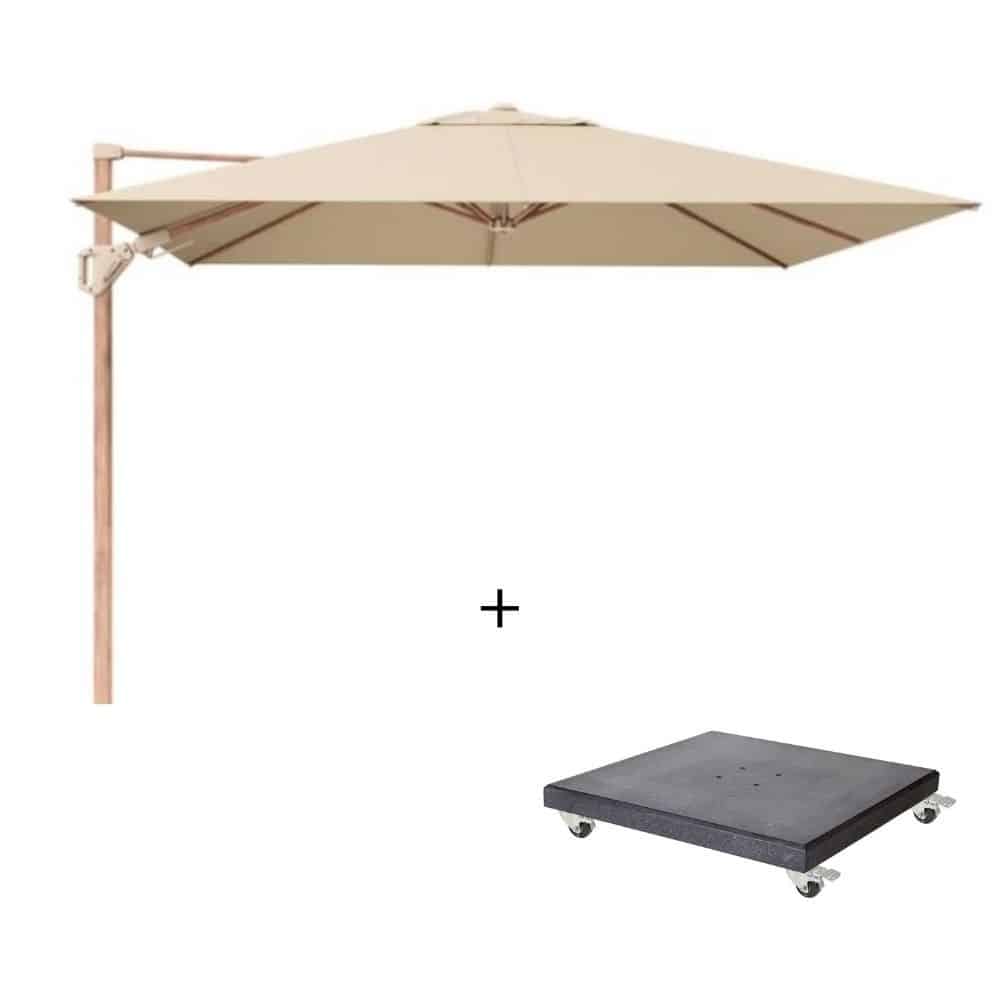 challenger t² zweefparasol premium doek | 300x300cm met modena parasolvoet 90kg | champagne/teak look