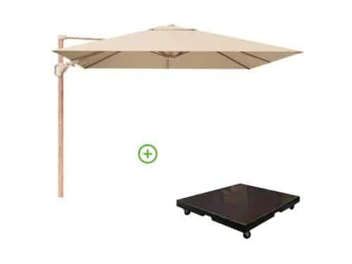 Challenger T² zweefparasol - premium doek | 300x300cm met Monza parasolvoet 90kg | Champagne/Teak look