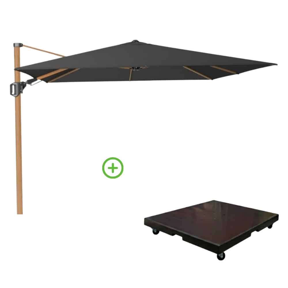 challenger t² zweefparasol premium doek | 300x300cm met monza parasolvoet 90kg | faded black/teak look