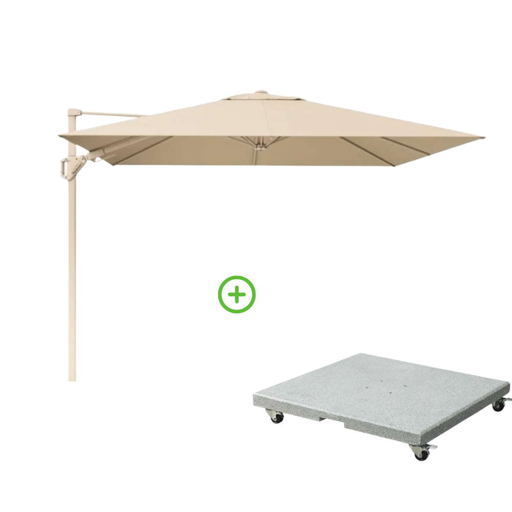 challenger t² zweefparasol premium doek | 300x300cm met rocca parasolvoet 90kg | champagne/sandstone