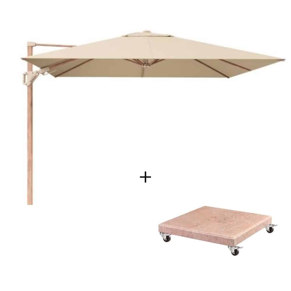 challenger t² zweefparasol premium doek | 300x300cm met venezia parasolvoet 90kg | champagne/teak look