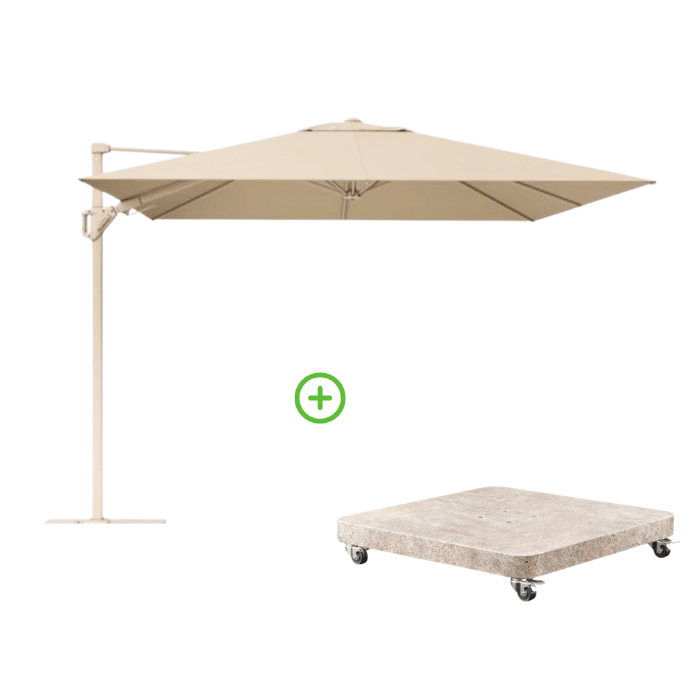 challenger t² zweefparasol premium doek | 300x300cm met venezia rond parasolvoet 90kg | champagne/sandstone