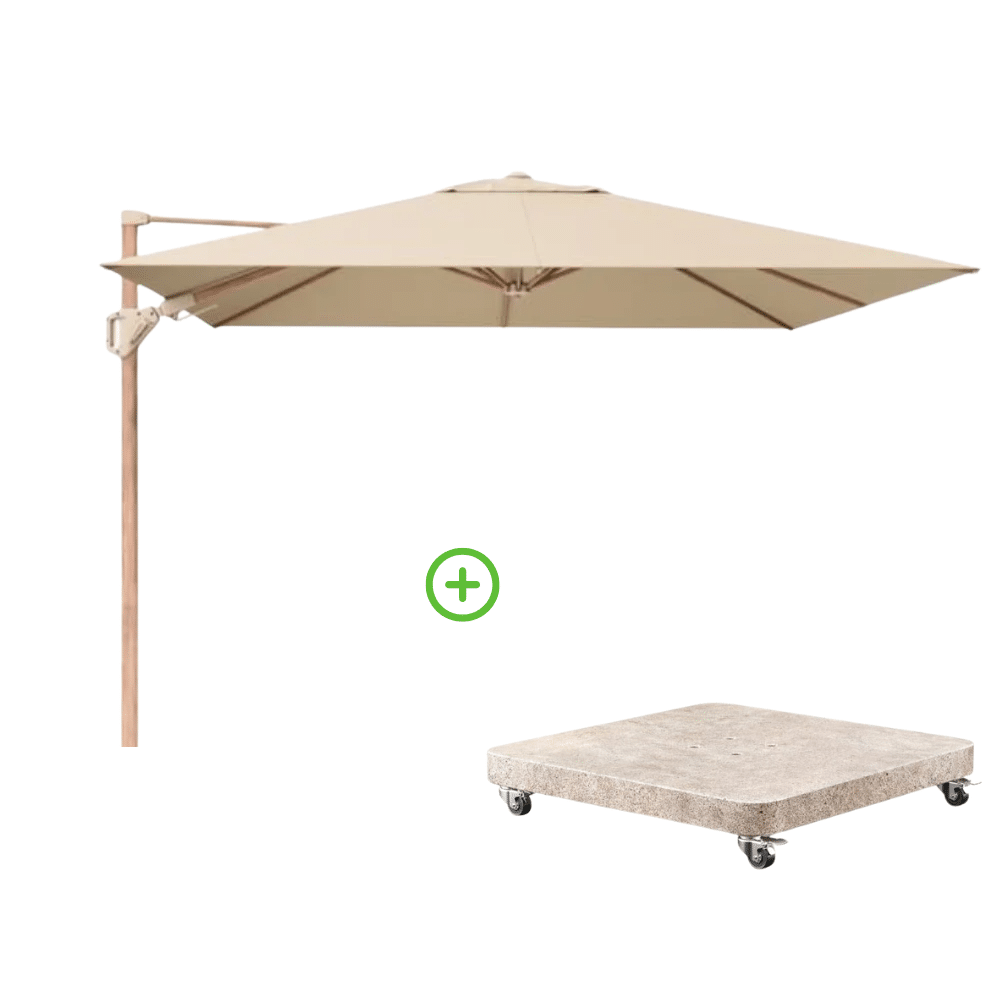challenger t² zweefparasol premium doek | 300x300cm met venezia rond parasolvoet 90kg | champagne/teak look