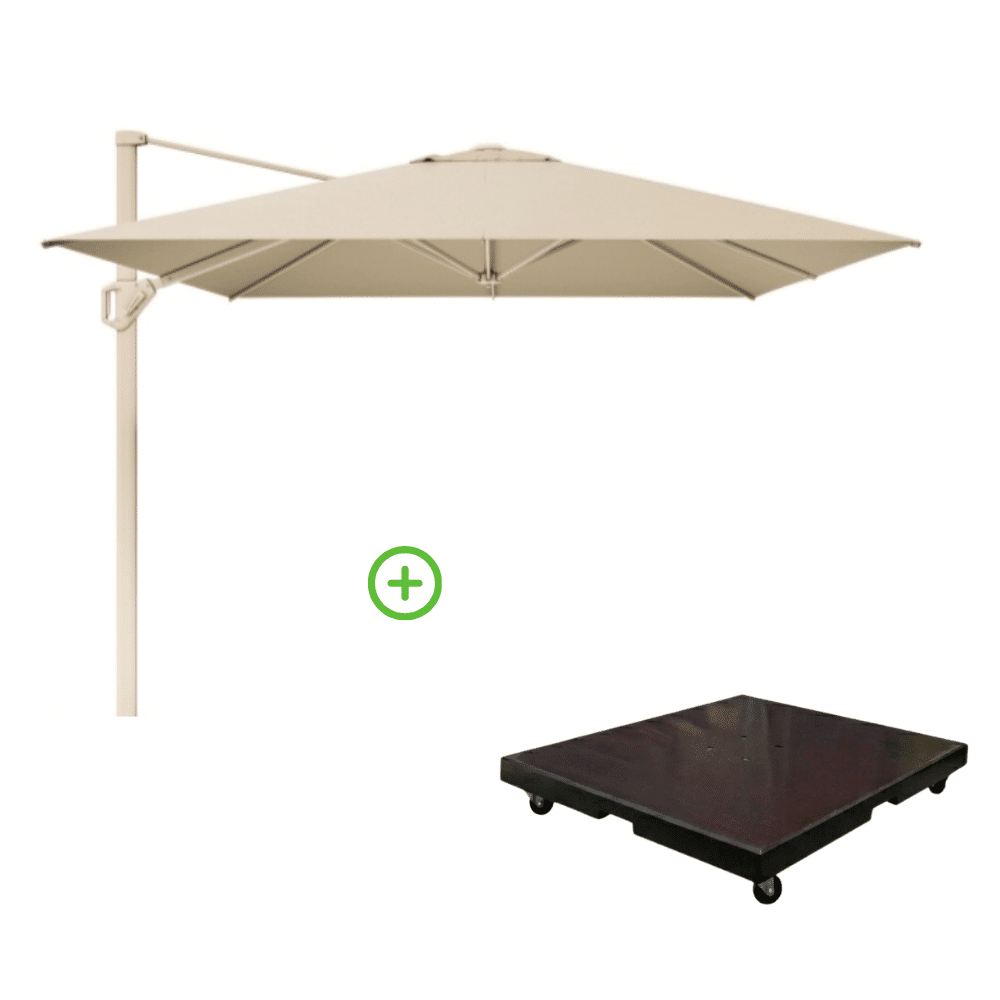 challenger t² zweefparasol premium doek | 350x260cm met monza parasolvoet 90kg | champagne/teak look