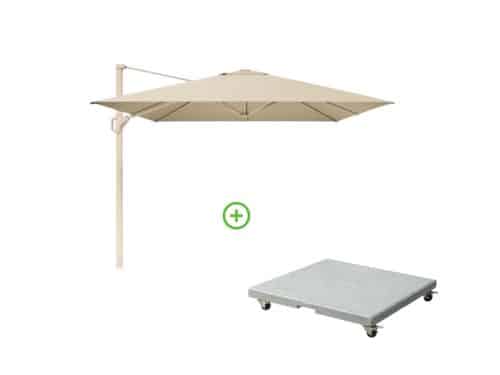 Challenger T² zweefparasol - premium doek | 350x260cm met Rocca parasolvoet 90kg | Champagne/Teak look
