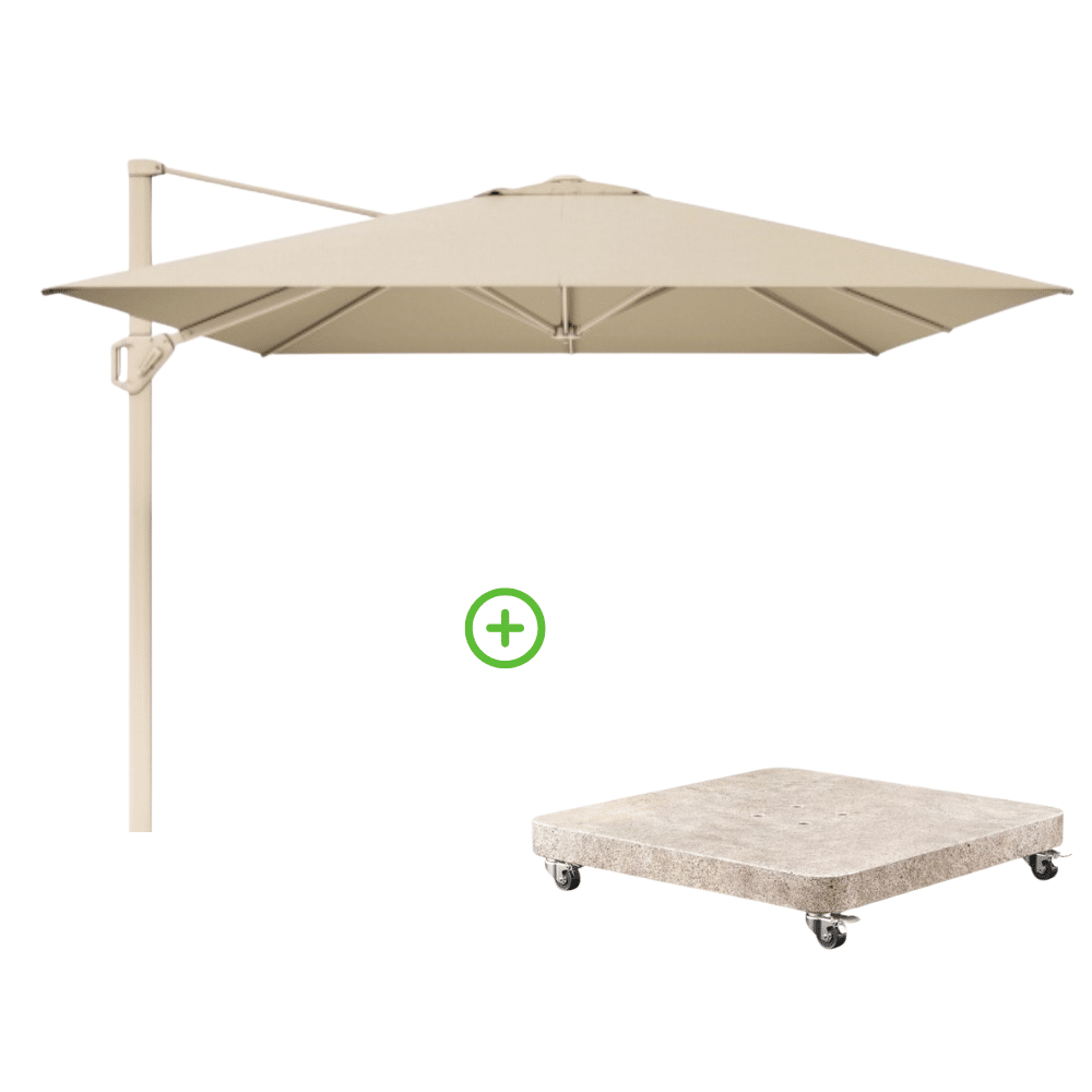 challenger t² zweefparasol premium doek | 350x260cm met venezia rond parasolvoet 90kg | champagne/teak look