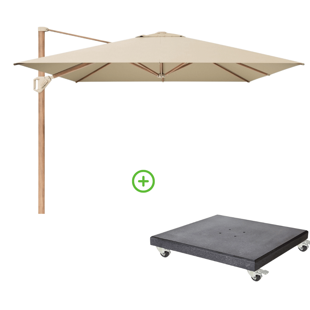 challenger t² zweefparasol premium doek | 400x300cm met modena parasolvoet 120kg | champagne/teak look