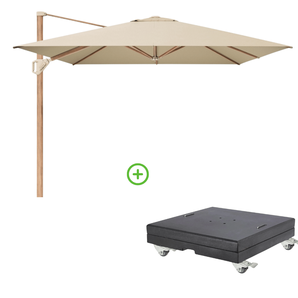 challenger t² zweefparasol premium doek | 400x300cm met modena parasolvoet 150kg | champagne/teak look