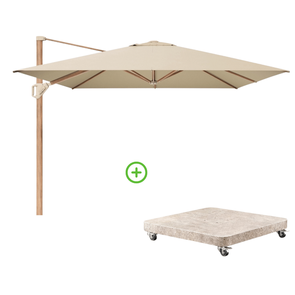 challenger t² zweefparasol premium doek | 400x300cm met venezia rond parasolvoet 120kg | champagne/teak look