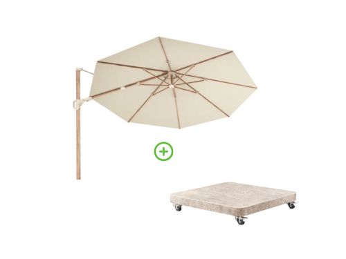 Challenger T² zweefparasol - premium doek | Ø350cm rond met Venezia rond parasolvoet 90kg | Champagne/Teak look