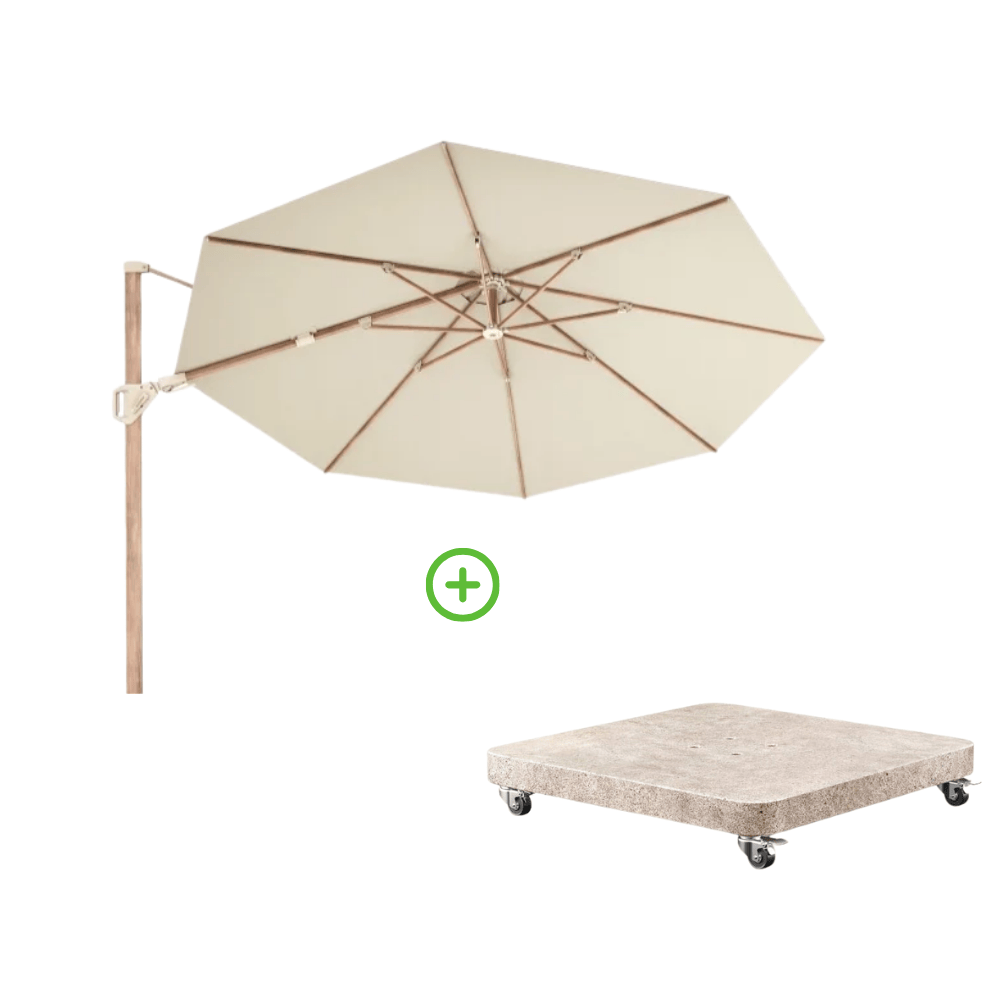 challenger t² zweefparasol premium doek | Ø350cm rond met venezia rond parasolvoet 90kg | champagne/teak look