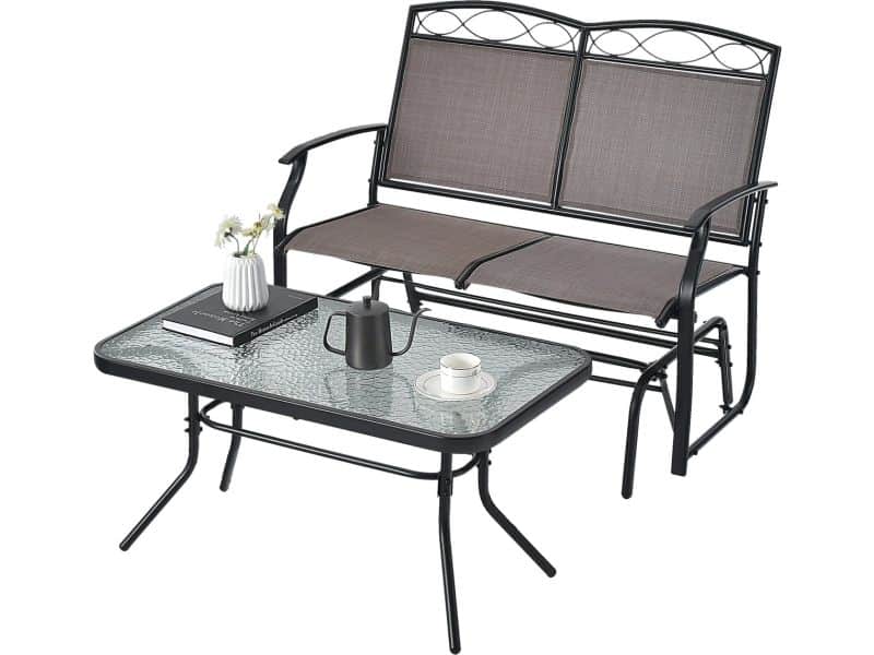 COSTWAY 2-zits schommelbank met salontafel, tuinbank van textiel