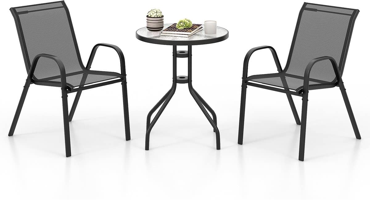 costway 3 delige balkonmeubelset, bistrotafel met 2 stapelbare stoelen