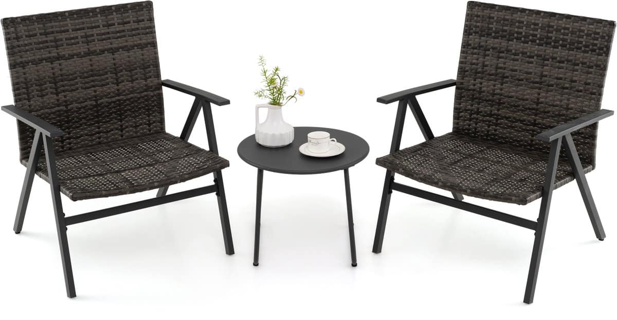 costway 3 delige tuinmeubelset, rotan balkonmeubels met 2 stoelen en tafel