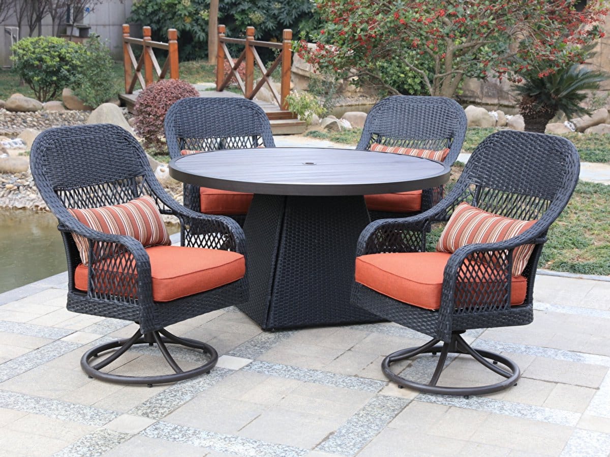 diningset rond 5 delig zwart wicker met oranje