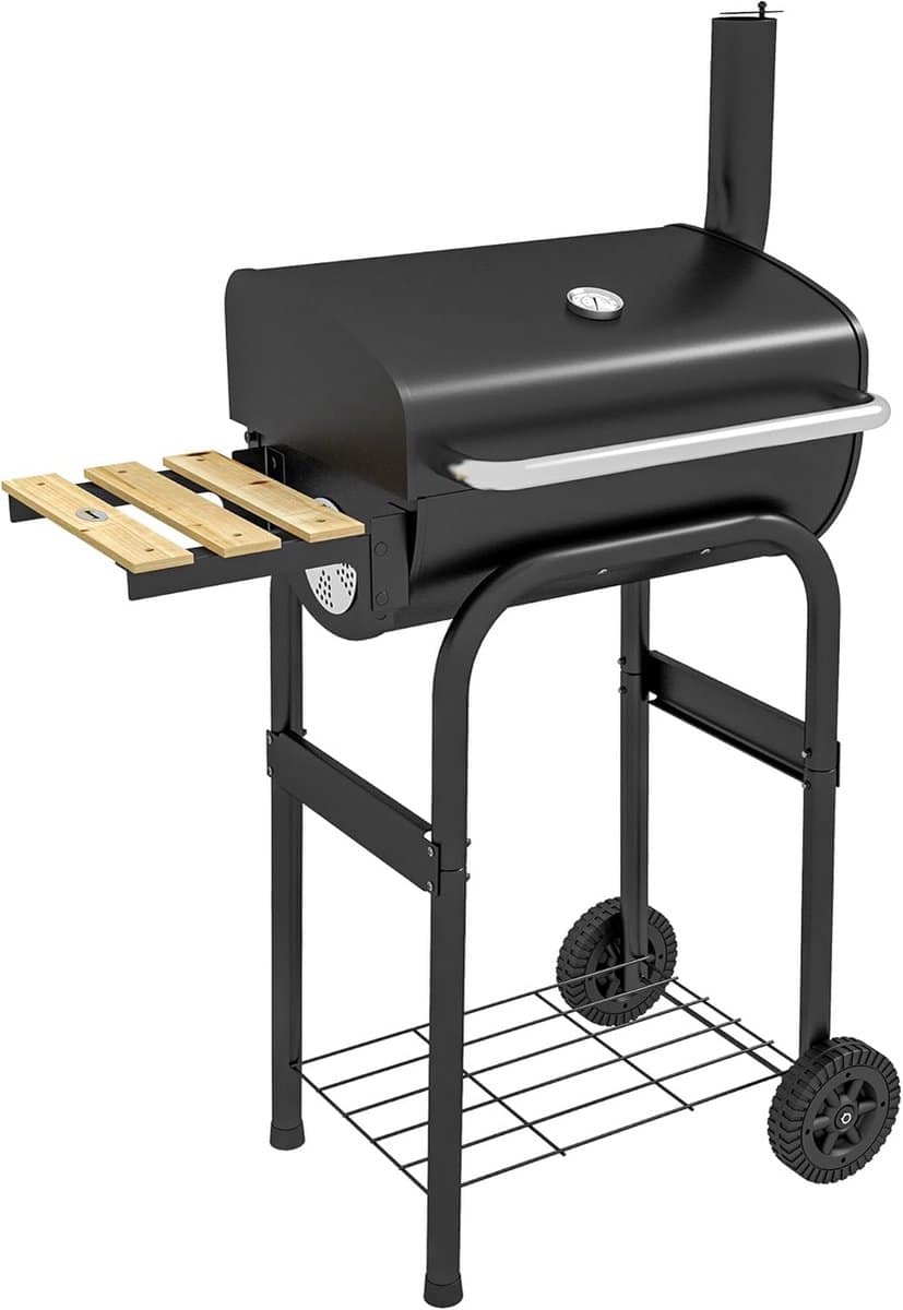 draagbare houtskoolbarbecue trolley met wielen en deksel voor buiten