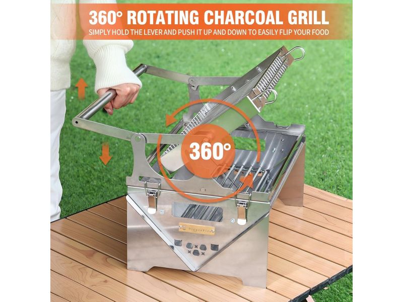 Draagbare RVS Houtskool BBQ - 360° Draaibare Grill - Opvouwbare