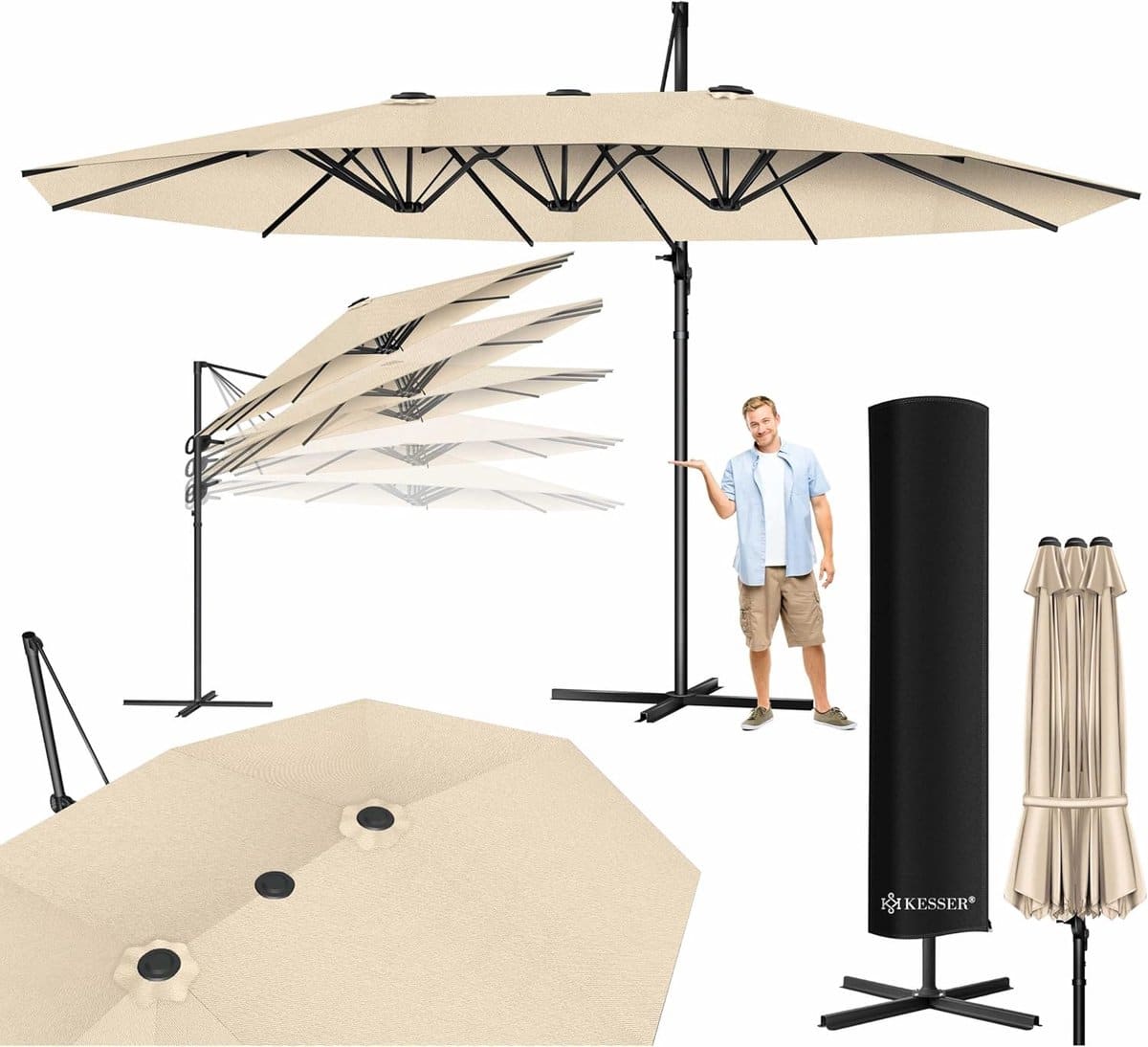 dubbele parasol 4,6m x 2,7m kantelbaar & 360° draaibaar