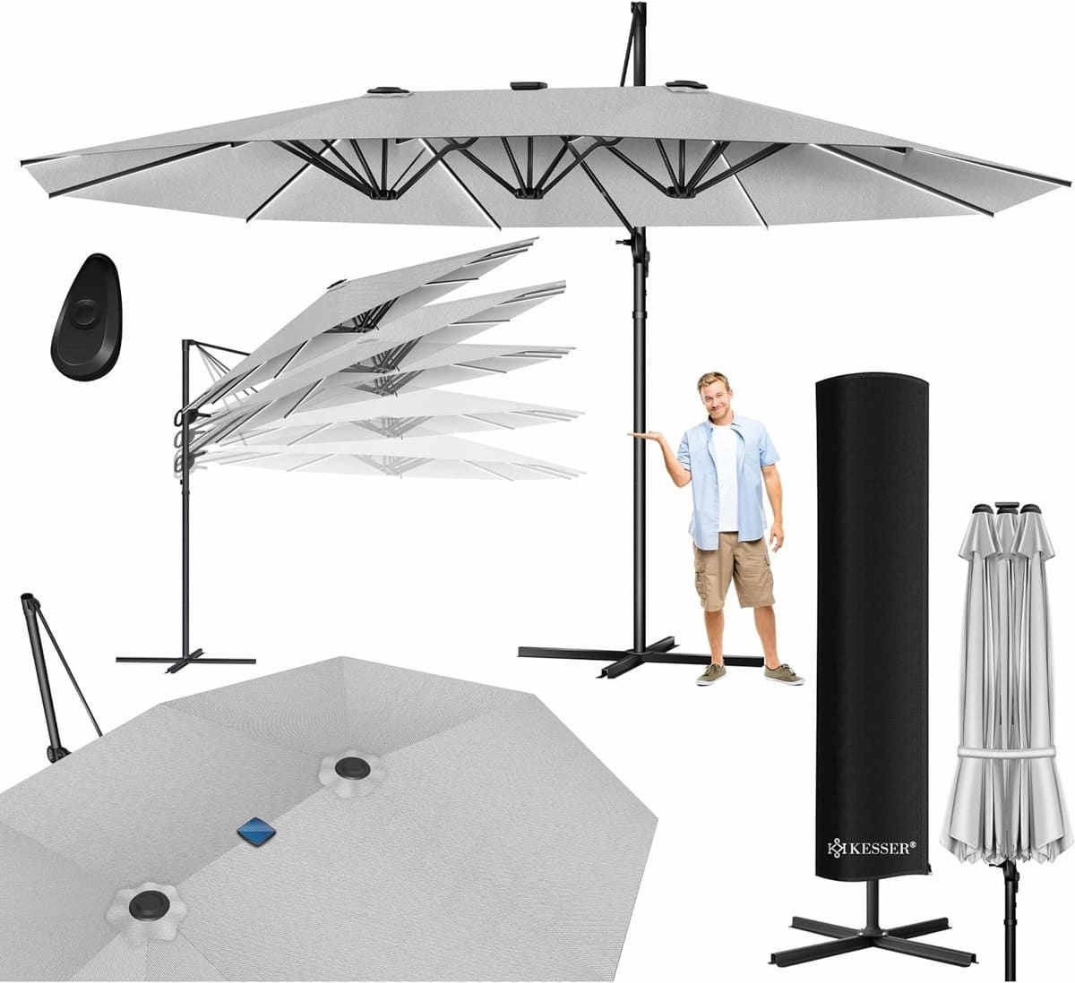 dubbele parasol 4,6m x 2,7m met beschermhoes en windscherm