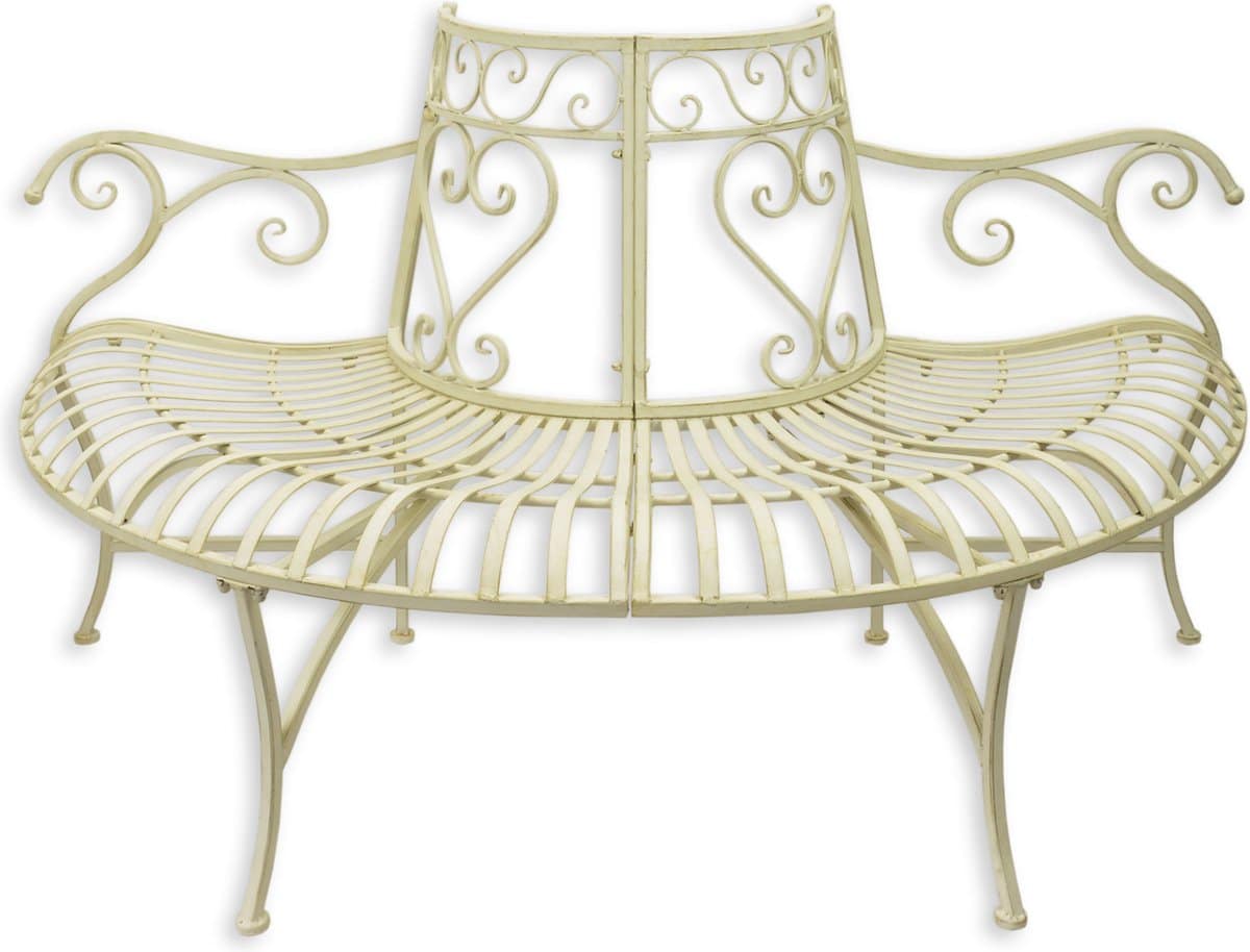 een gietijzeren witte ronde boombank