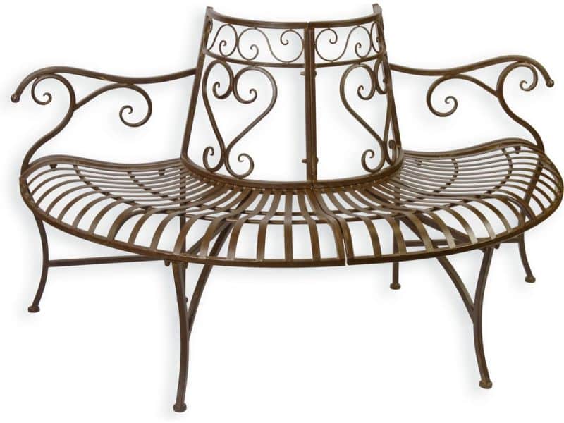 Een ijzeren bruine ronde boombank 150 cm lengte.