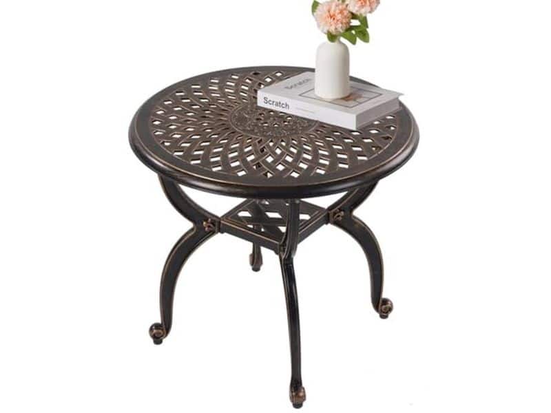 Gegoten aluminium bijzettafel voor buiten, ronde terrastafel voor tuin