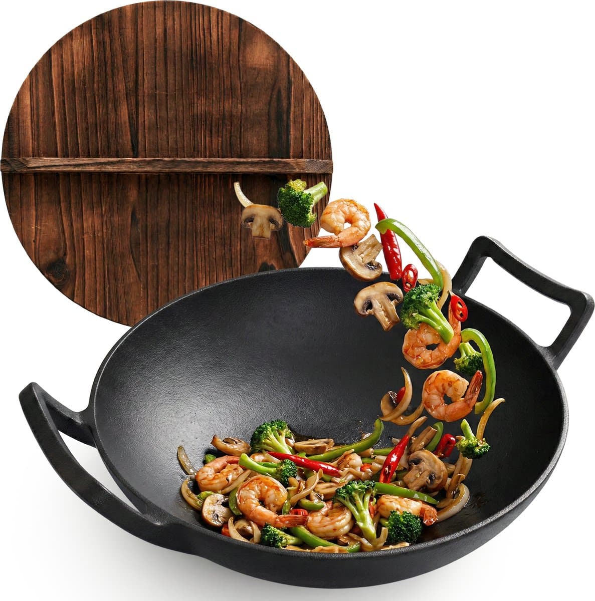 gietijzeren wok Ø36 cm met houten deksel wokpan gietijzer