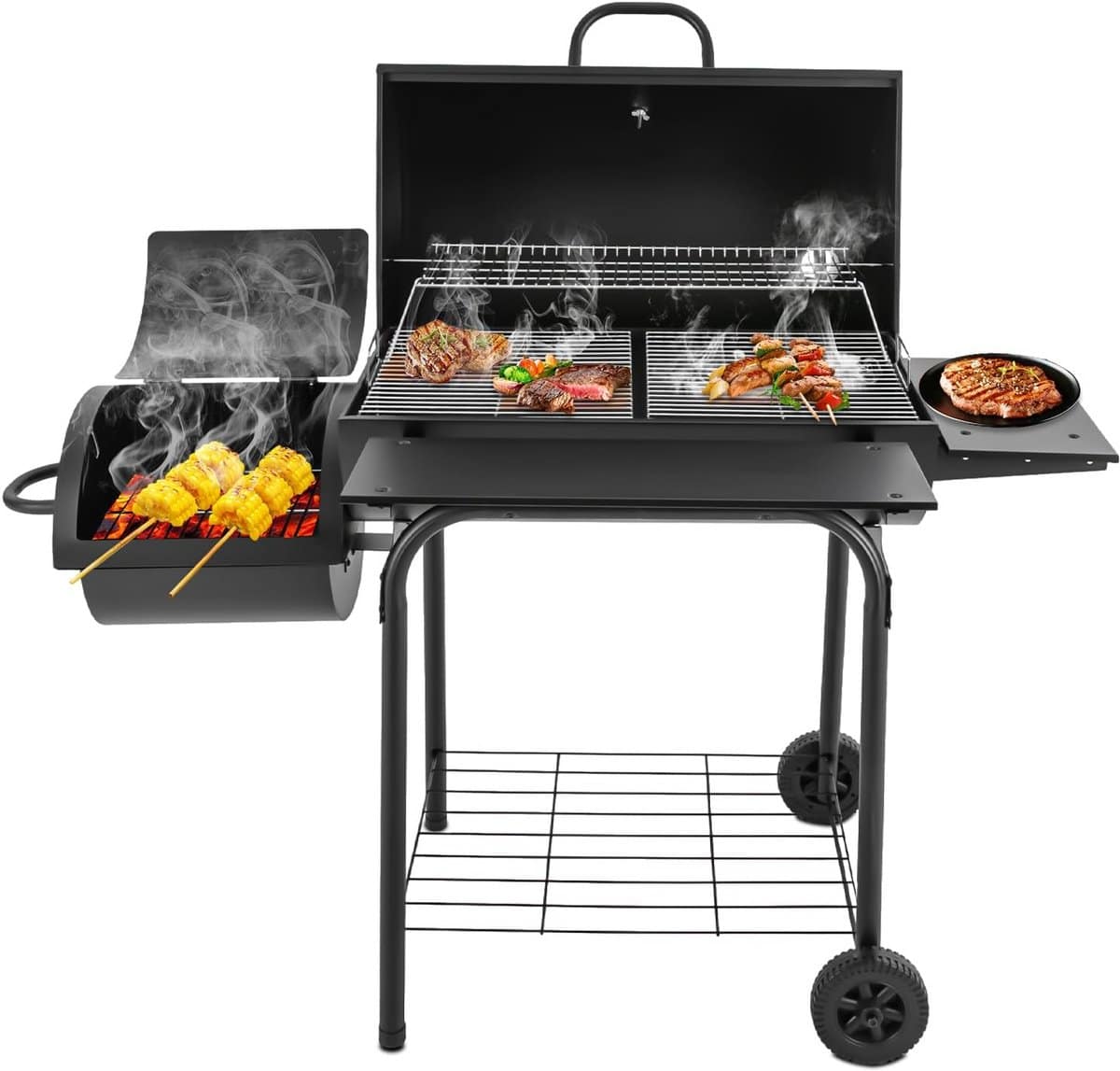 grote houtskool bbq grillwagen met rookoven en deksel