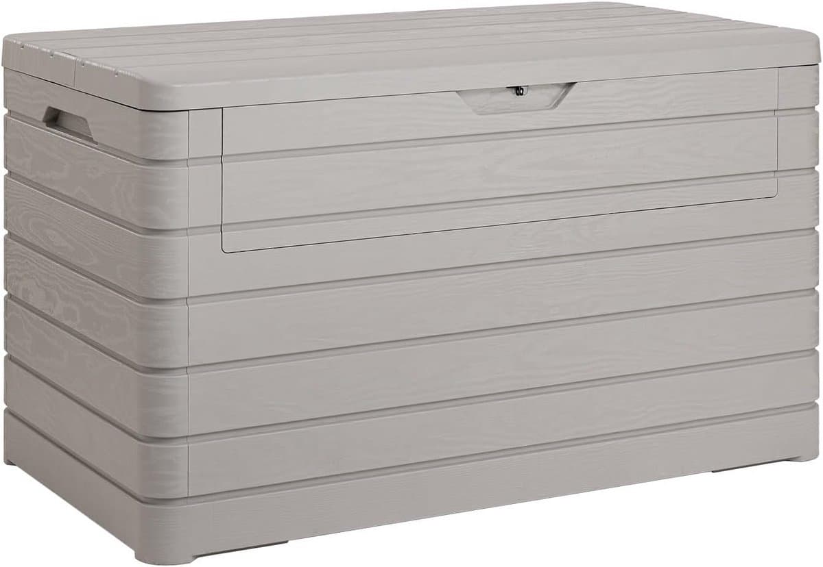 grote tuinkist buiten opslagbank 970l waterdicht kunststof houtlook taupe
