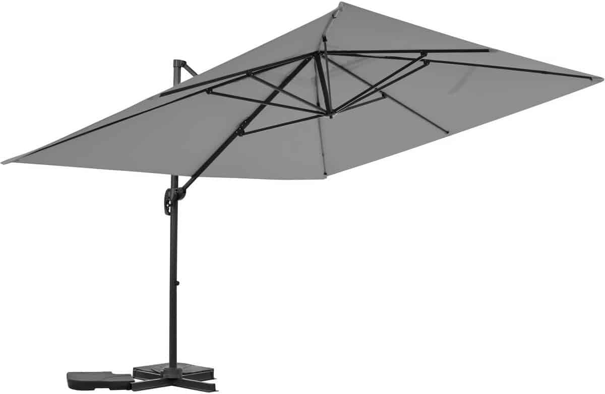 grote vrijhangende zweefparasol 3×4 meter aluminium grijs