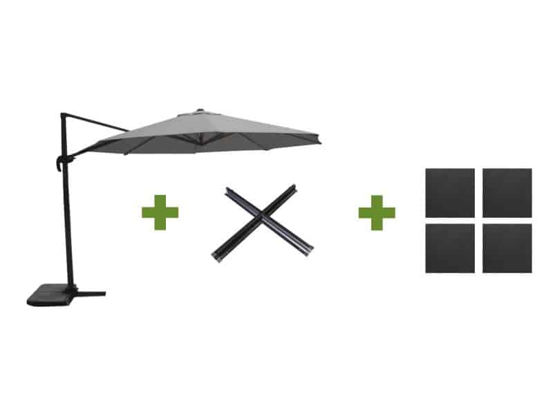 Grote Zweefparasol Virgo Antraciet 3,5M met Kruisvoet en Parasolvoettegels