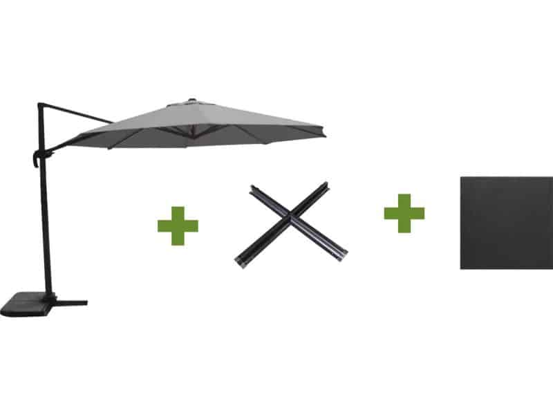 Grote Zweefparasol Virgo Antraciet 3,5M met Kruisvoet en Parasolvoettegels