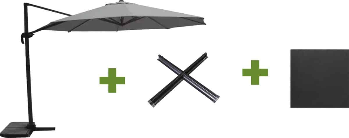 grote zweefparasol virgo antraciet 3,5m met kruisvoet en parasolvoettegels