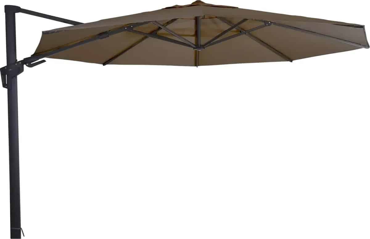 grote zweefparasol virgoflex taupe 3,5m met kruisvoet en parasolvoettegel