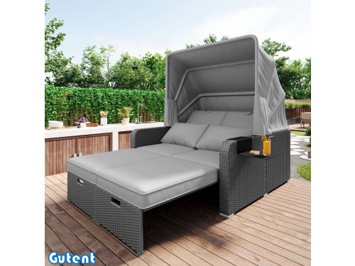 Gutent Tuinbank-Dubbele Loungebank-Afneembare Luifel-Poly Rotan en Schuim-Grijs