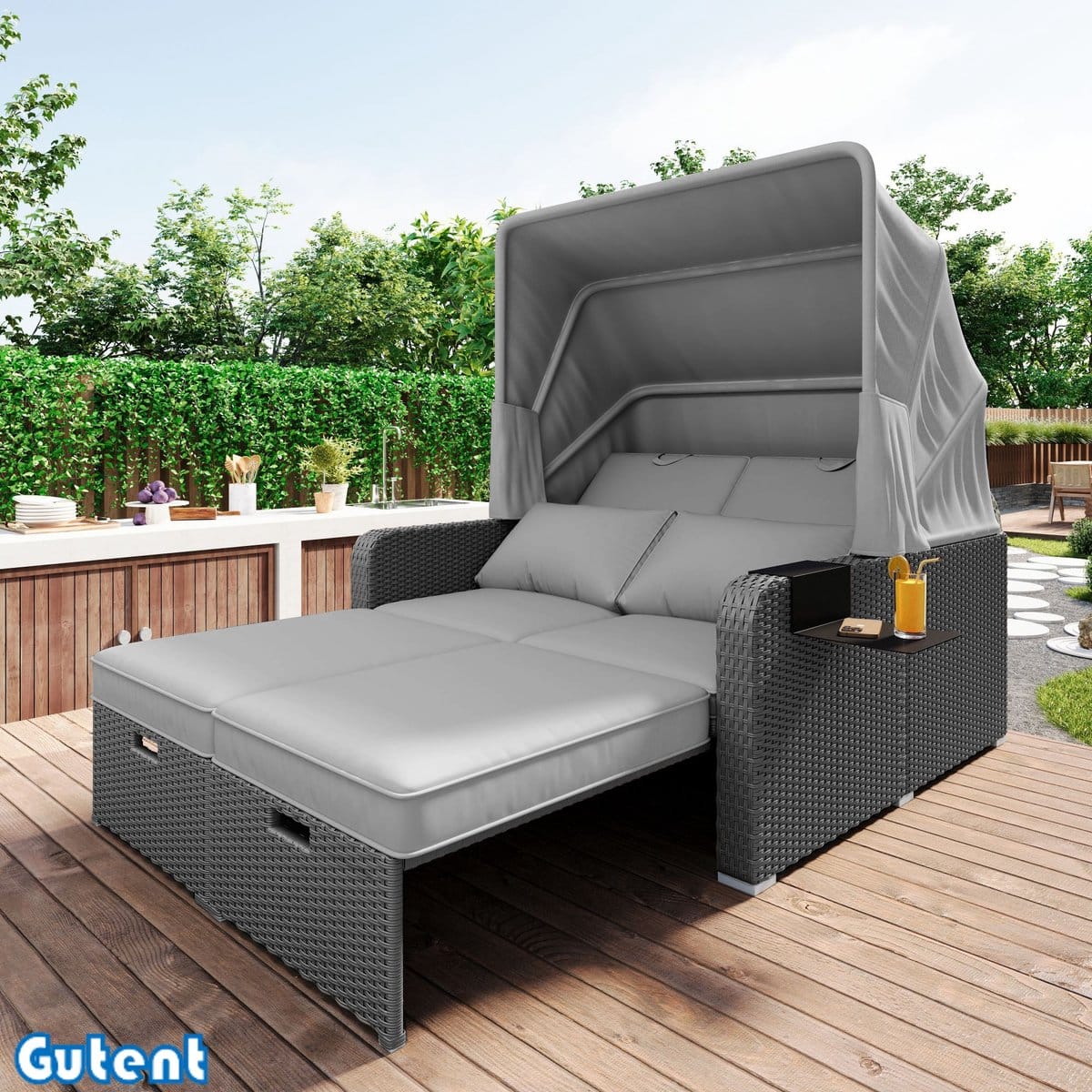 gutent tuinbank dubbele loungebank afneembare luifel poly rotan en schuim grijs