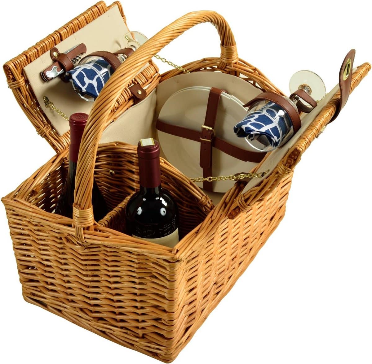 handgemaakte wilgenpicknickmand voor twee personen met wijndrager