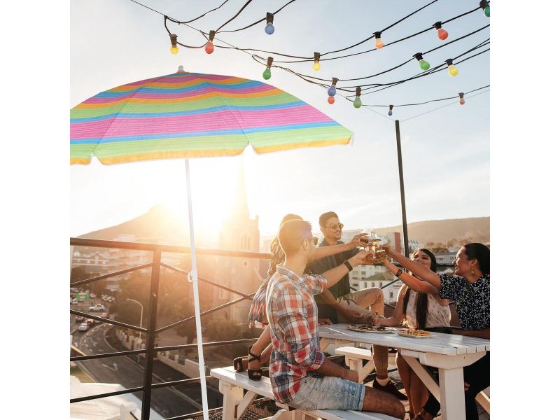 Hoogte verstelbare strandparasol gestreept SPF 50+ 210-170 cm tuin stokparasol