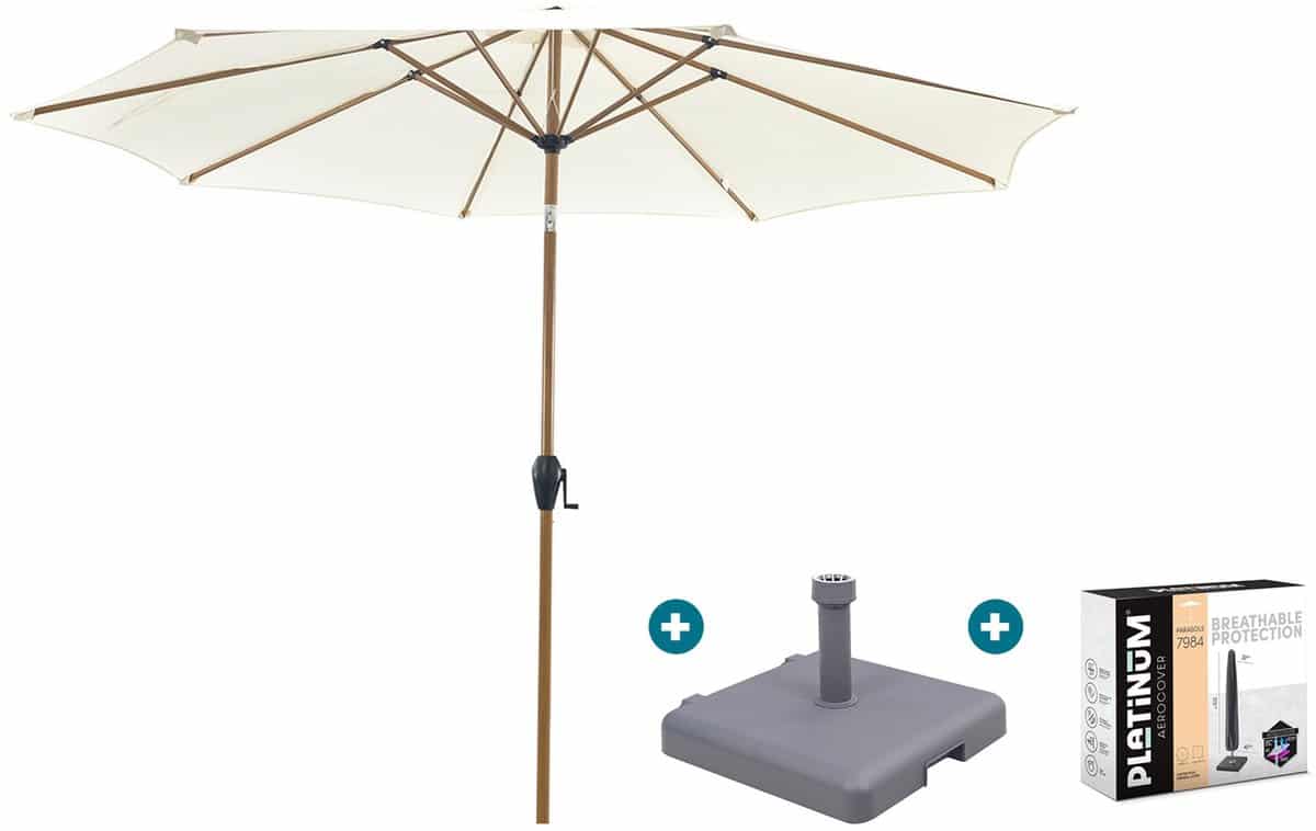 kayu stokparasol Ø300 cm. ecru/woodlook met sleepvoet & hoes