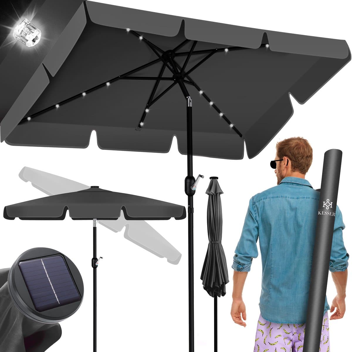 kesser® parasol led solar stokparasol met zwengel incl. 2in1 beschermhoes