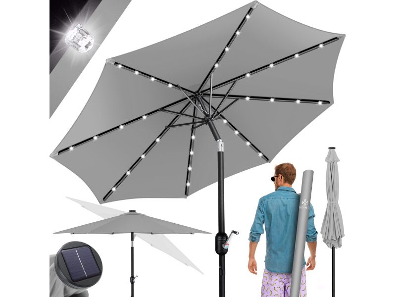 KESSER® Parasol LED Solar Stokparasol met Zwengel Incl. 2in1 Beschermhoes